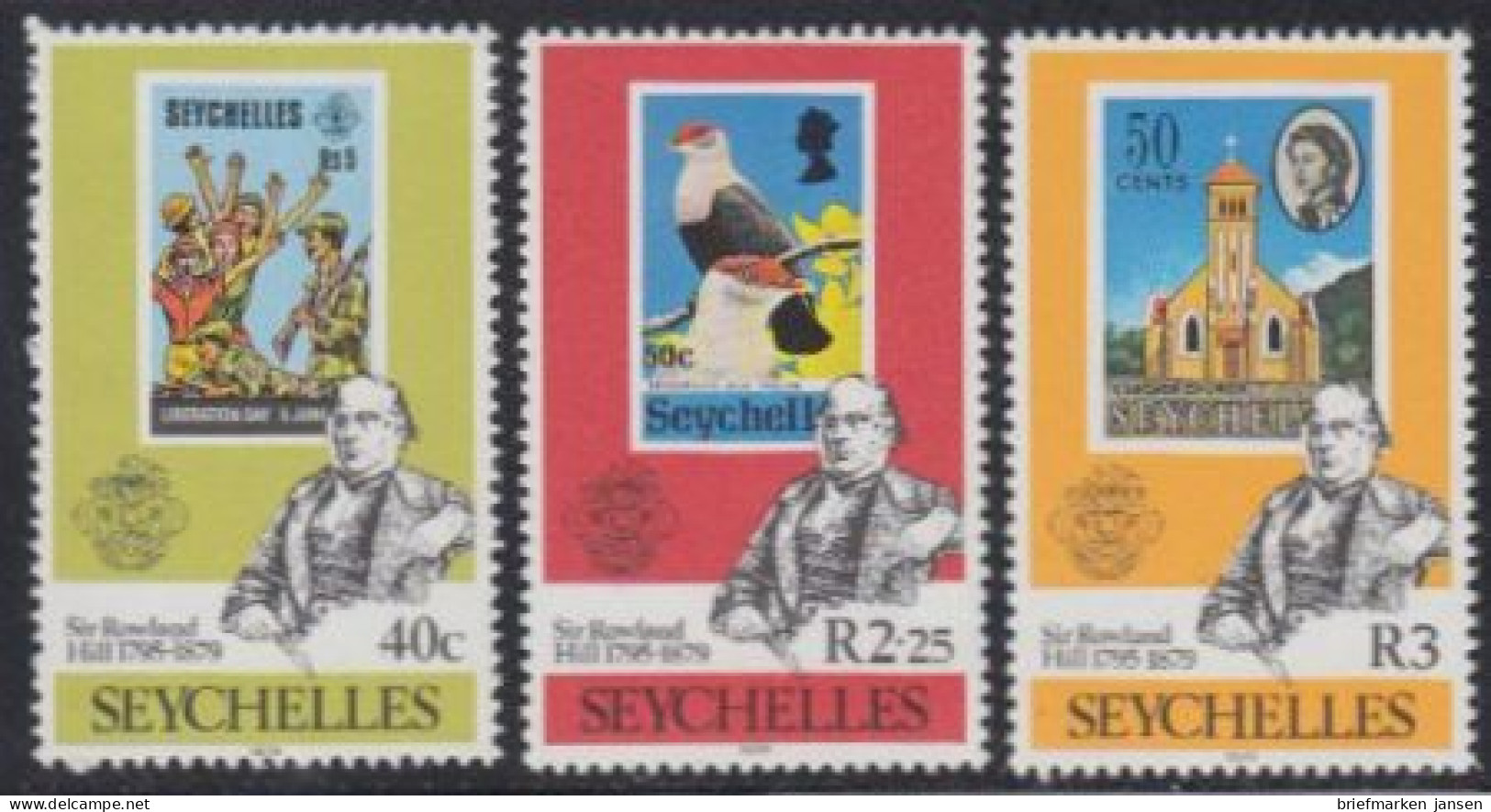 Seychellen Mi.Nr. 439-41 100.Todestag Rowland Hill, Marken 203,303,417 (3 Werte) - Seychelles (1976-...)