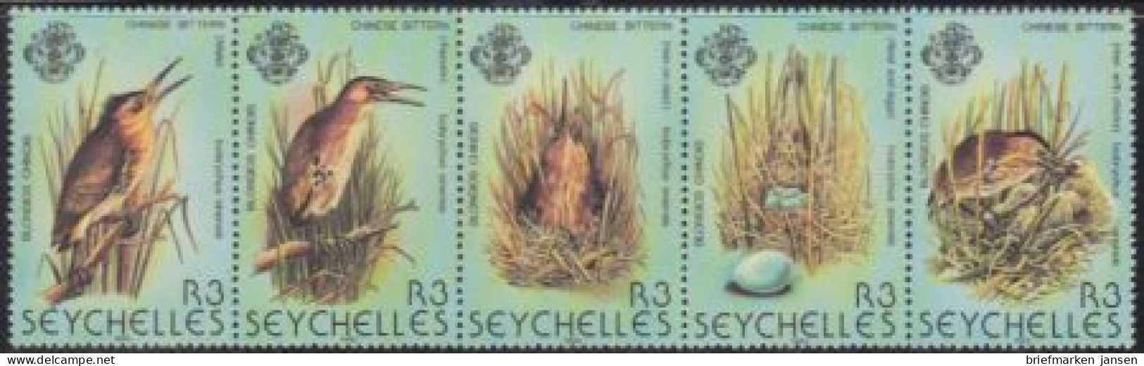 Seychellen Mi.Nr. Zdr.498-502 Zwergdommel (Fünferstreifen) - Seychelles (1976-...)