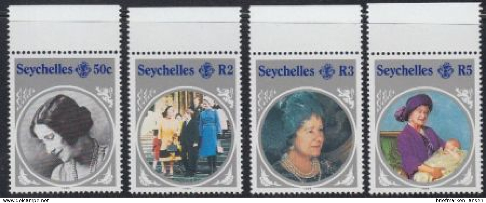 Seychellen Mi.Nr. 583-86 85.Geb. Königinmutter Elisabeth (4 Werte) - Seychellen (1976-...)
