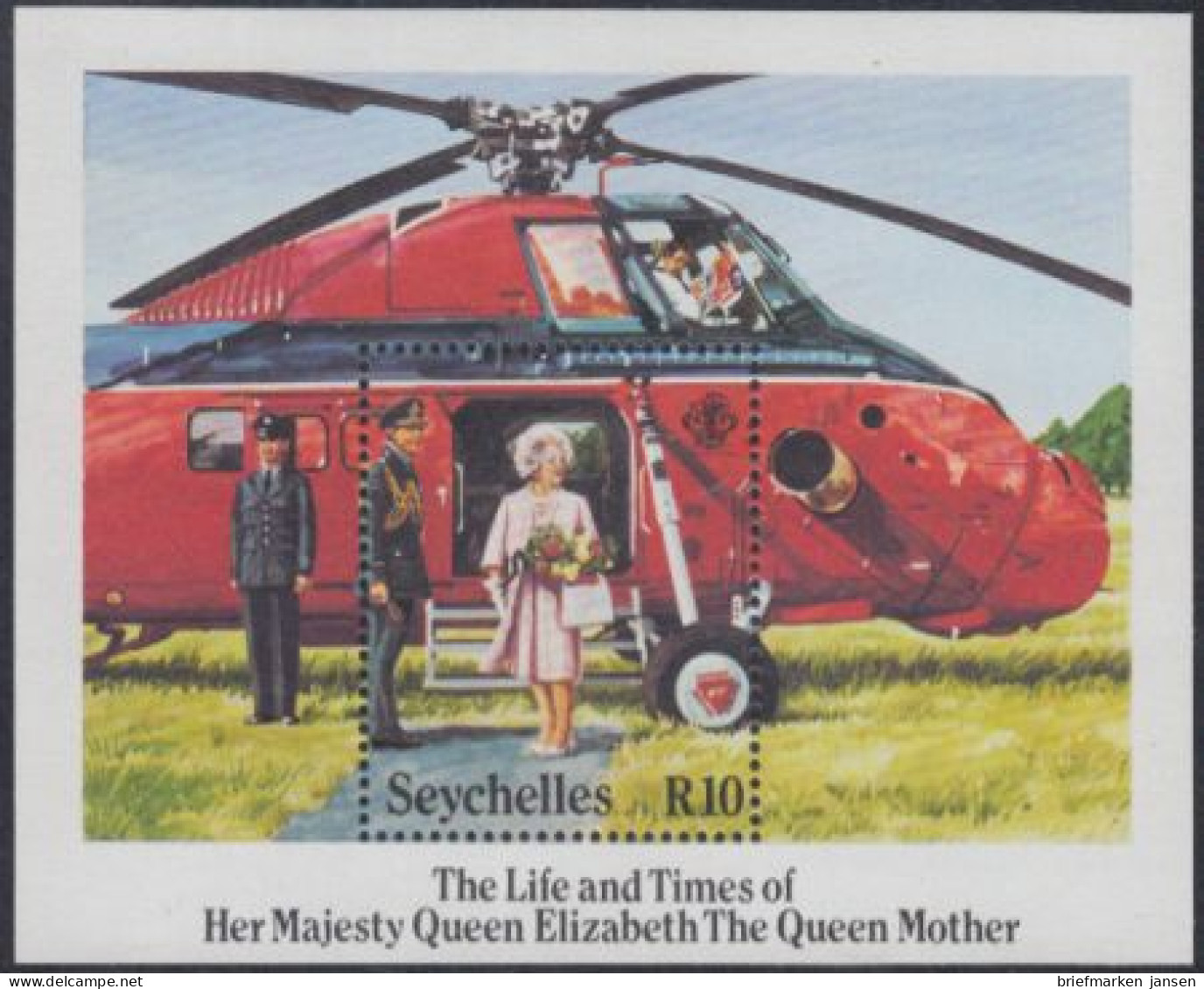 Seychellen Mi.Nr. Block 26 85.Geb. Königinmutter Elisabeth, Hubschrauber  - Seychelles (1976-...)