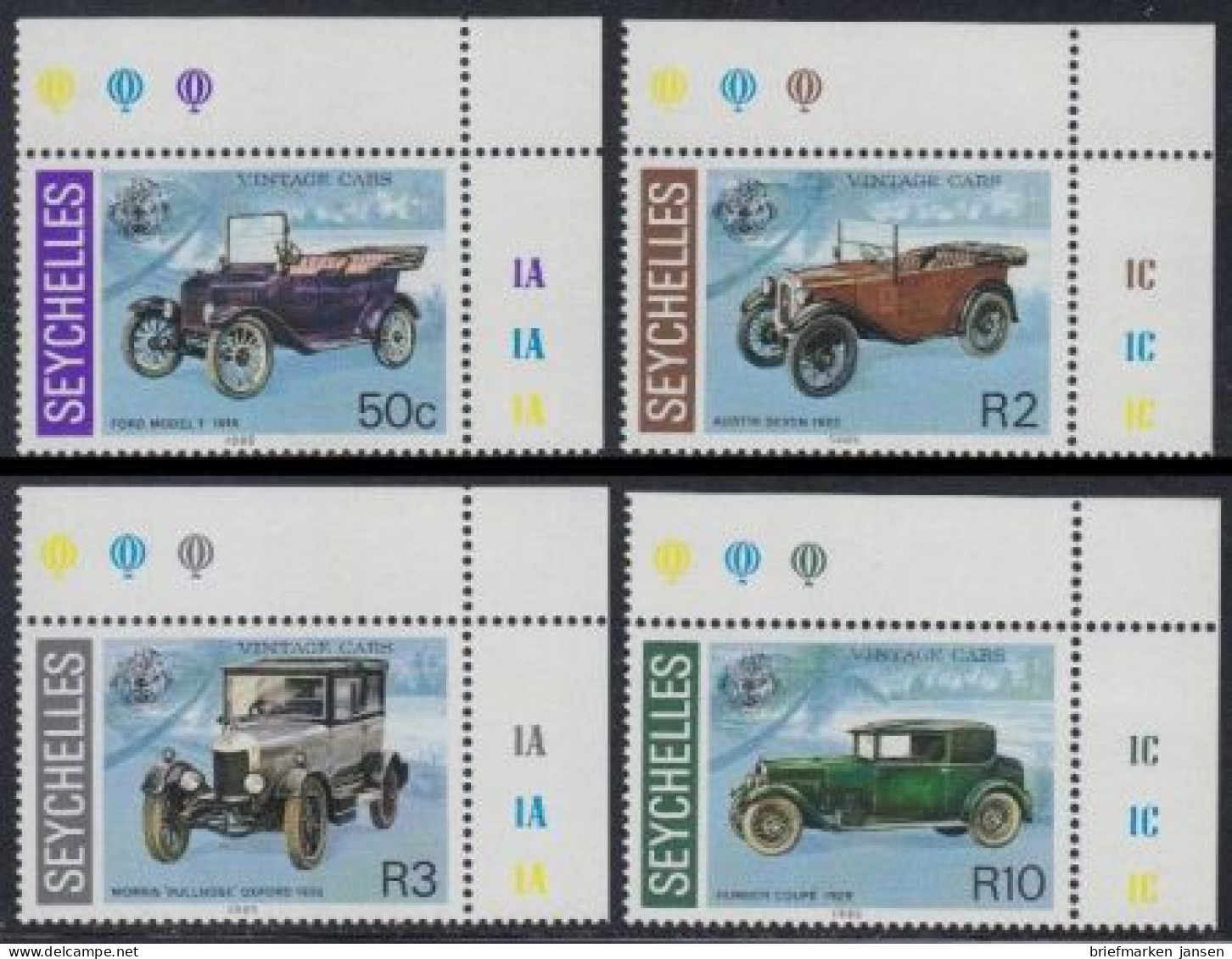 Seychellen Mi.Nr. 597-600 Autoveteranen (4 Werte) - Seychelles (1976-...)