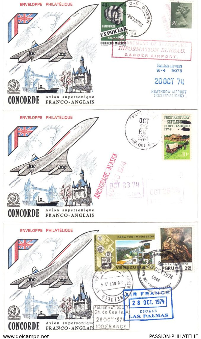 3 Plis Concorde 20.10.1974 Au 28.10.1974 Pour Le Tour De La Côte Pacifique Américaine 13 Destinations. A VOLE A BORD RR - Concorde