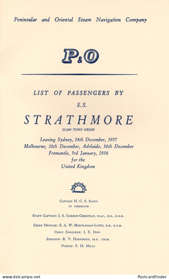 1957 SS Strathmore Oriental Steam Navigation Company P&O Passenger List - Europe