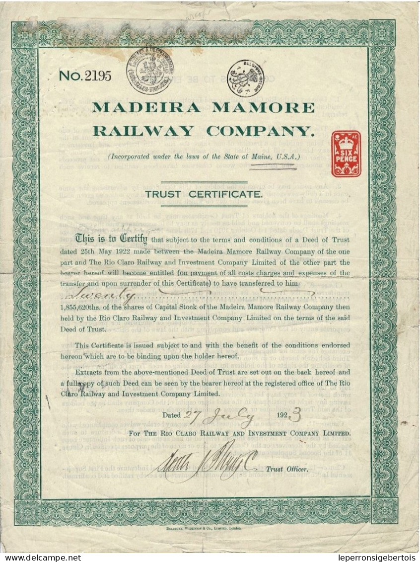 Titre De 1923 - Madeira Mamore Railway Company - - Ferrocarril & Tranvías