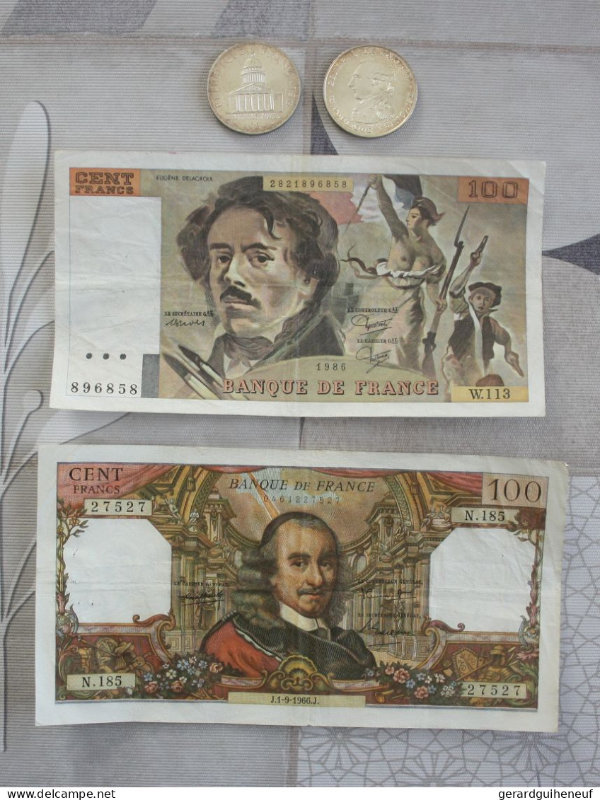 France : 100 Francs : 2 Monnaies En ARGENT Et 2 Billets - Vrac - Monnaies