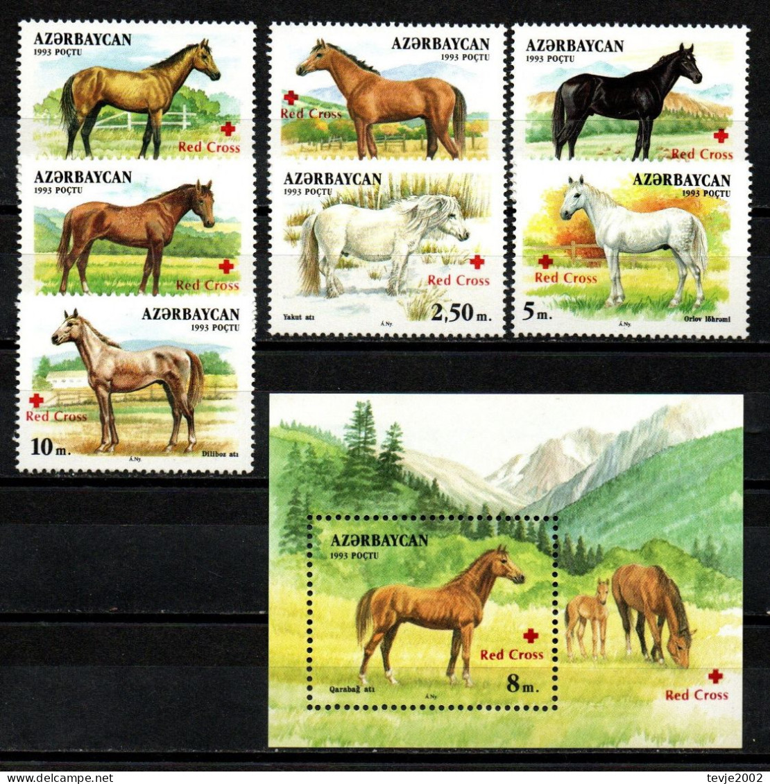 Aserbaidschan 1997 - Mi.Nr. 353 - 359 + Block 27 - Postfrisch MNH - Tiere Animals Pferde Horses Rotes Kreuz Red Cross - Aserbaidschan