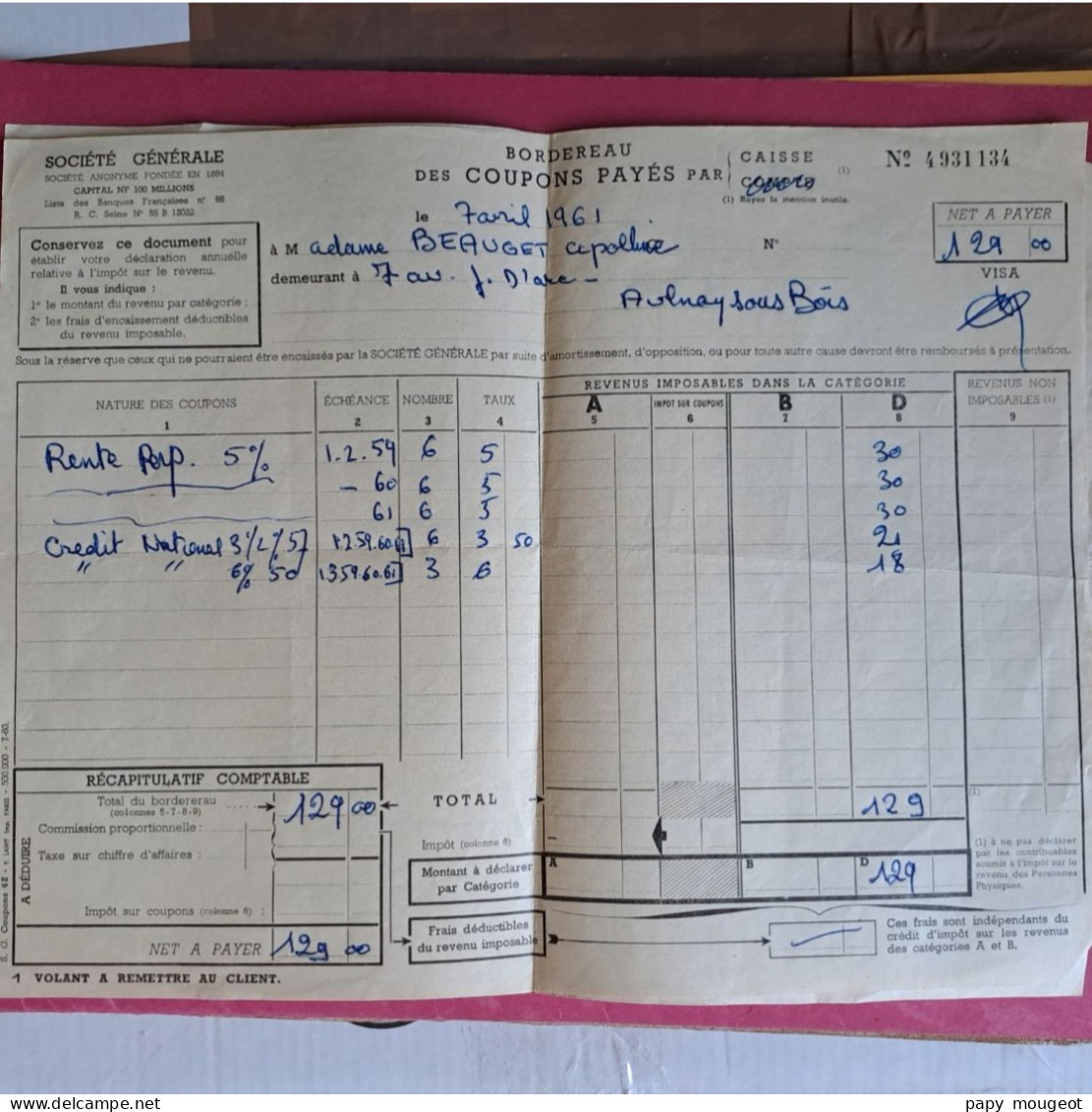 Société Générale - 3 Bordereaux De Coupons Payés Et Certificat D'avoir Fiscal 1961 - 1967 - Aulnay Sous Bois (93) - Banco & Caja De Ahorros