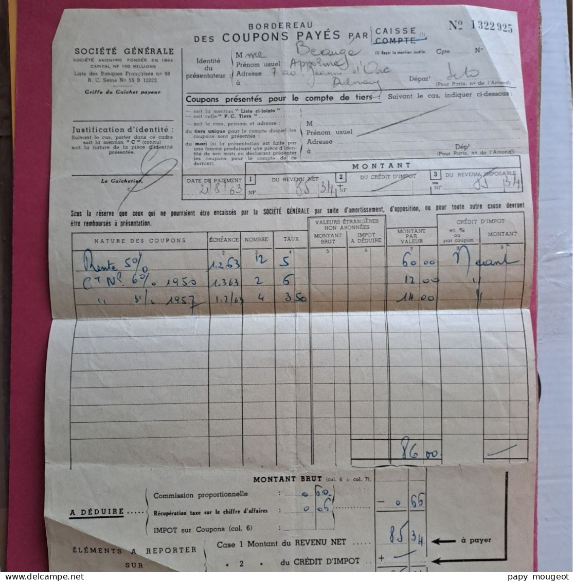 Société Générale - 3 Bordereaux De Coupons Payés Et Certificat D'avoir Fiscal 1961 - 1967 - Aulnay Sous Bois (93) - Bank & Versicherung