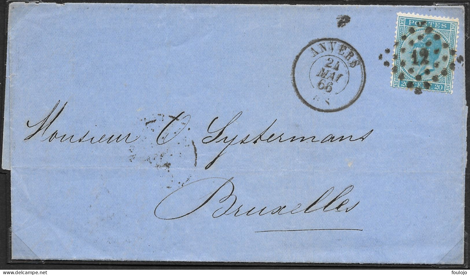 18 Bleu Verdâtre Pl I Sur Lettre Obli. LP 12 CàD Anvers Le 24 Mai 1866 Février 1868 (Lot 440) - 1865-1866 Perfil Izquierdo