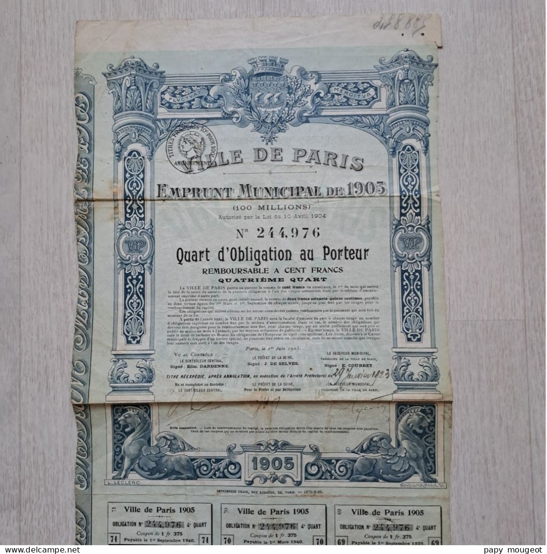 Ville De Paris - Emprunt Municipal De 1905 - Quart D'Obligation Au Porteur N° 244,976 (état) - P - R