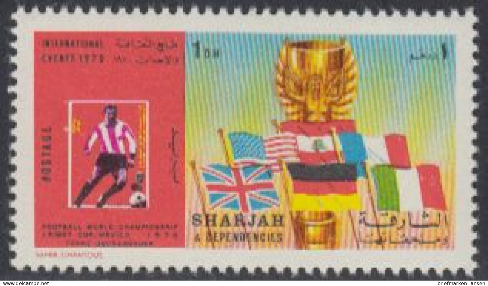Sharjah Mi.Nr. 648A Fußball-WM 1970, Franz Beckenbauer, Flaggen, Pokal (1 Dh) - Sharjah