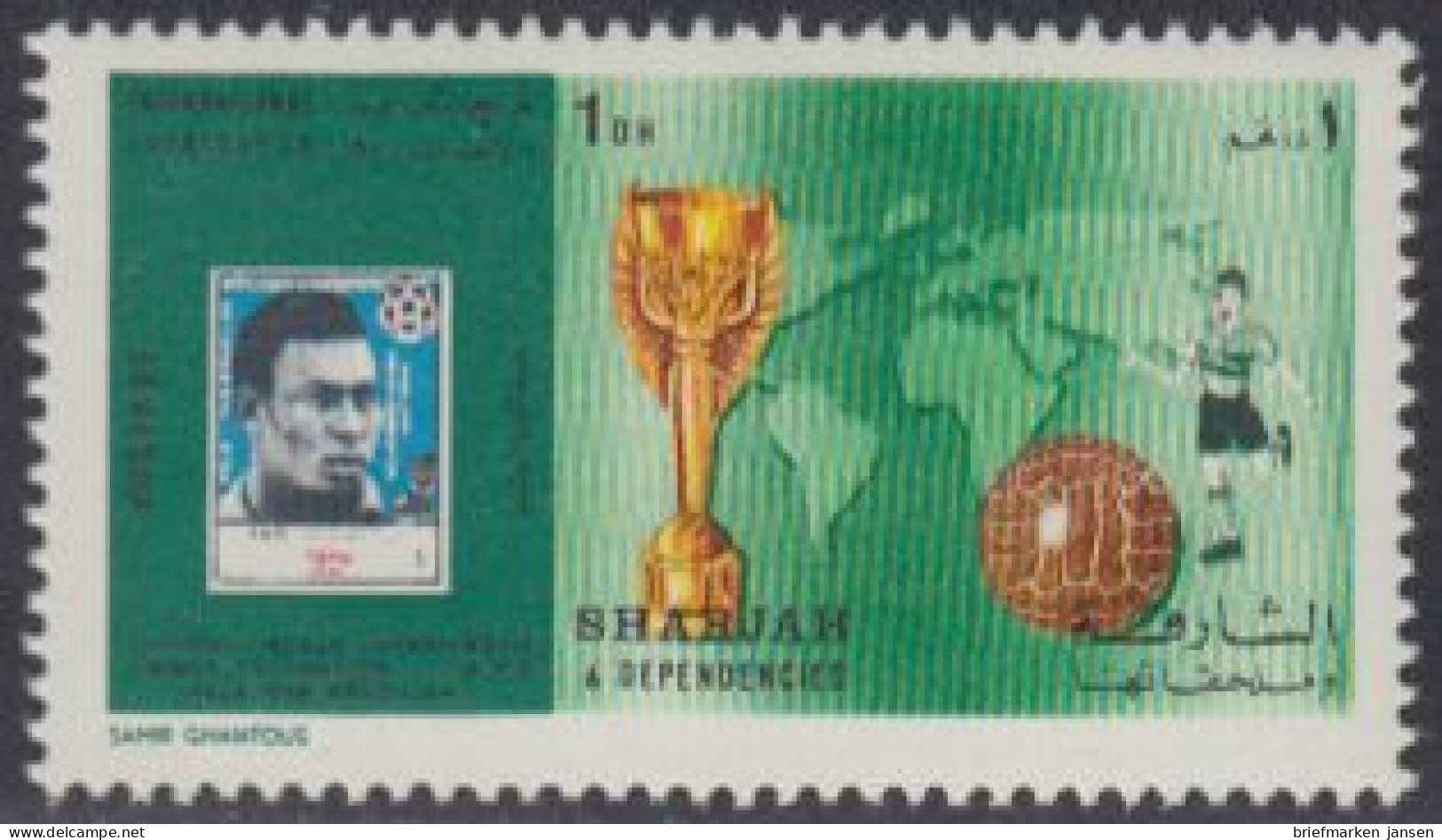 Sharjah Mi.Nr. 645A Fußball-WM 1970, Pele, Ball, Schiri, Weltkarte, Pokal (1 Dh) - Sharjah