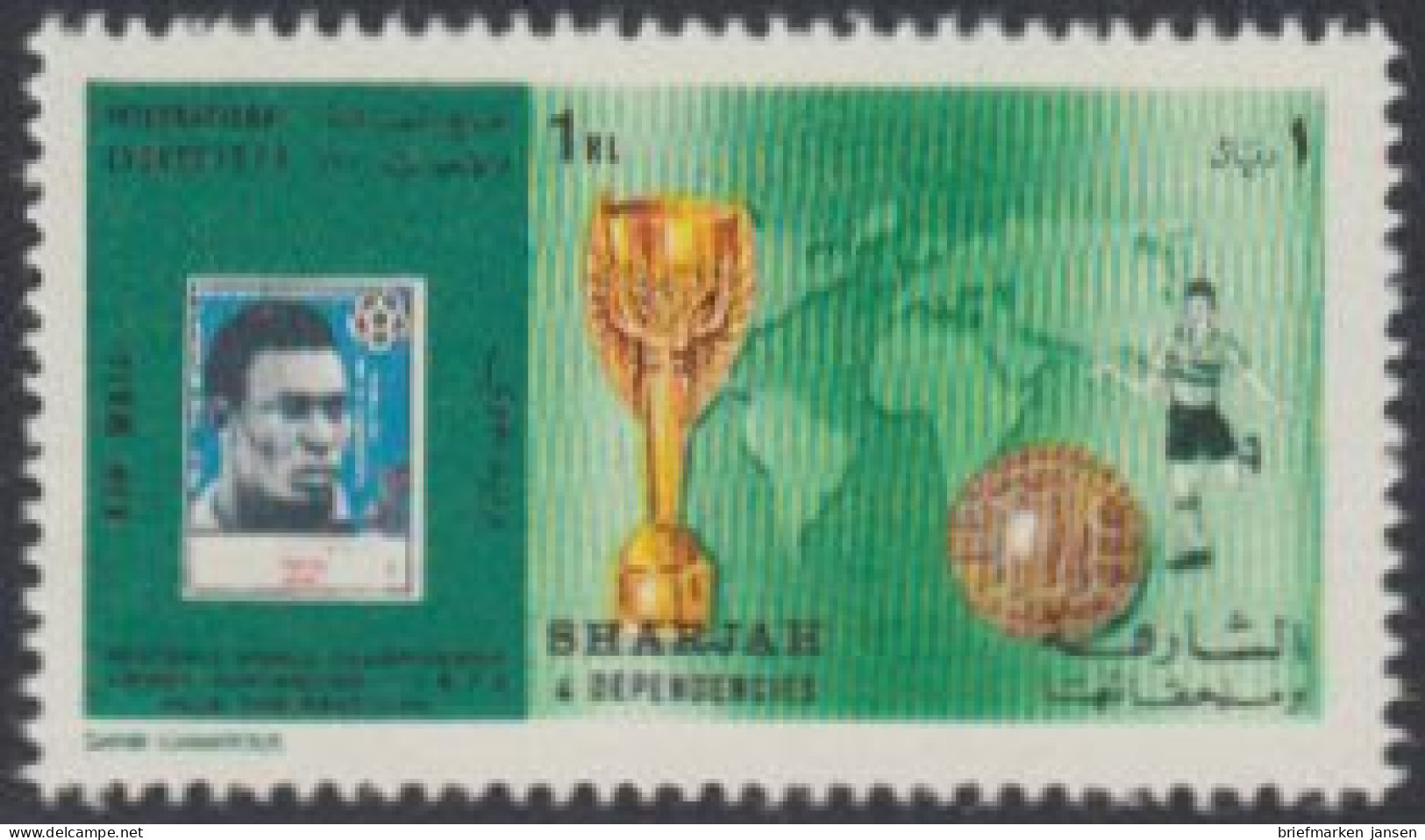Sharjah Mi.Nr. 651A Fußball-WM 70, Pele Ball Schiri Weltkarte Pokal, Gez. (1 R) - Sharjah