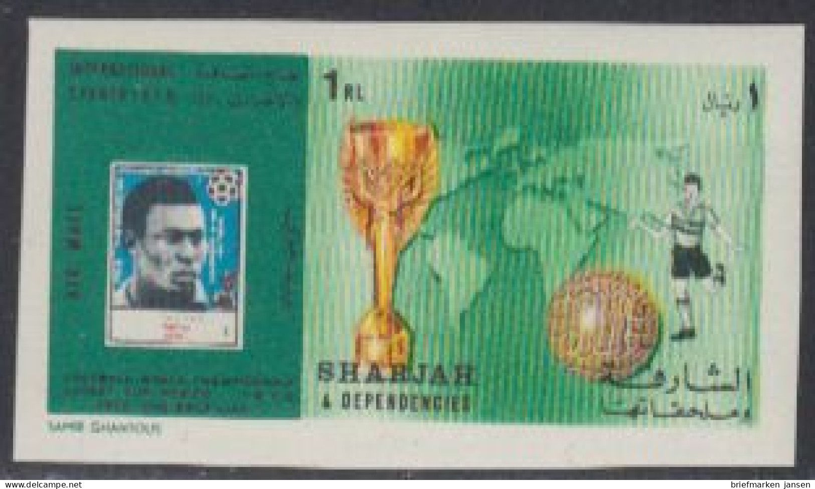 Sharjah Mi.Nr. 651B Fußball-WM 70, Pele Ball Schiri Weltkarte Pokal, Ungez (1 R) - Sharjah