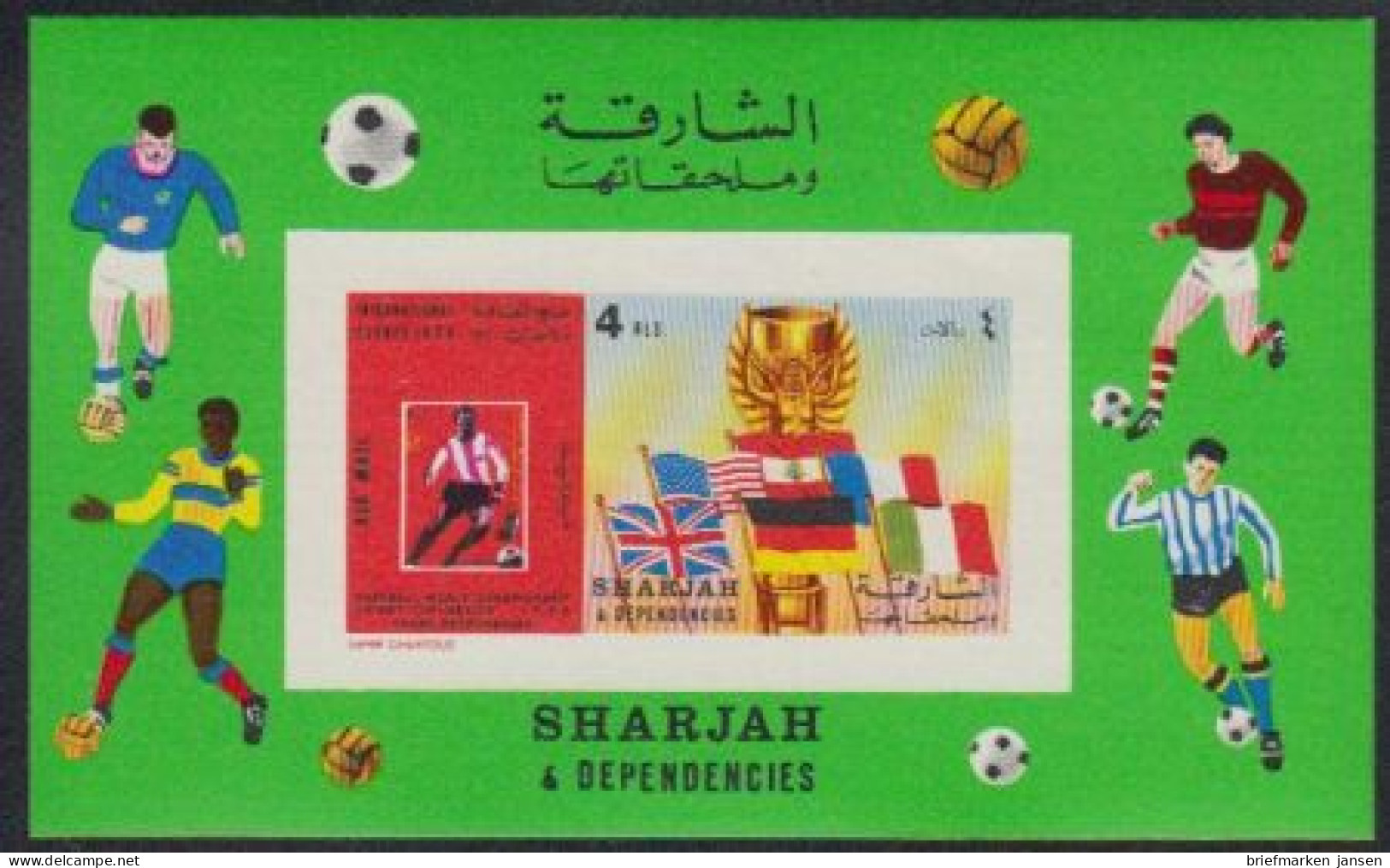 Sharjah Mi.Nr. Block 66 B Fußball-WM 1970, F.Beckenbauer, Flaggen, Pokal, Ungez. - Sharjah