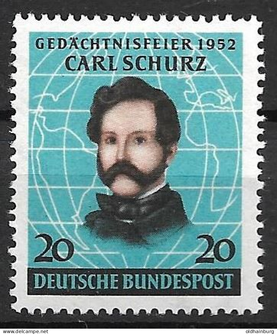 Bund 1952: Mi. 155 ** Carl Schurz 100 Jahre In Amerika (25.-) - Ungebraucht