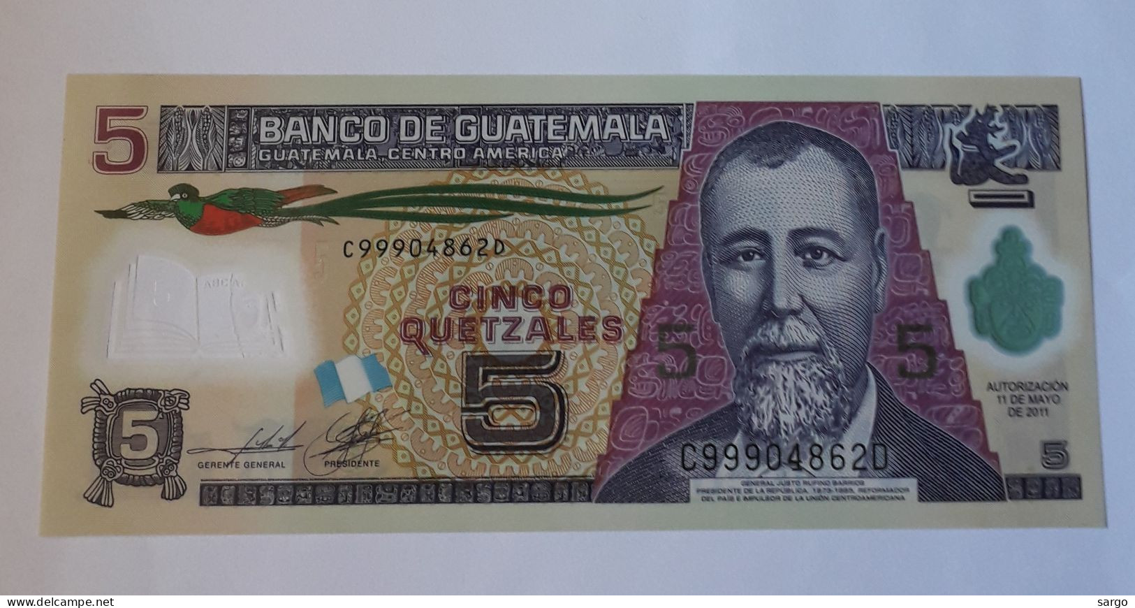 GUATEMALA  - 5 QUETZALES - (2010-20132) - P 122 - UNC -POLYMER -  BANKNOTES - PAPER MONEY - CARTAMONETA - - Guatemala
