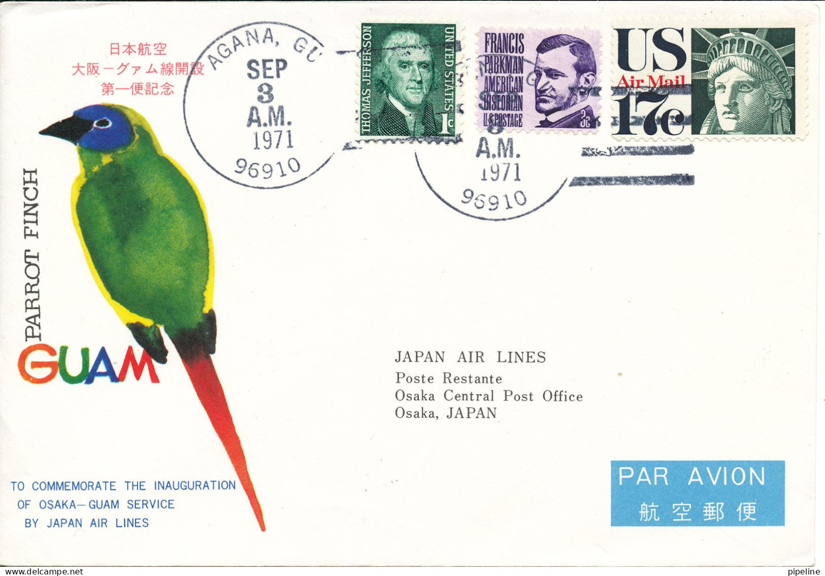 USA First Flight Cover By JAPAN AIRLINES Guam - Osaka Agana 3-9-1971 - Lettres & Documents