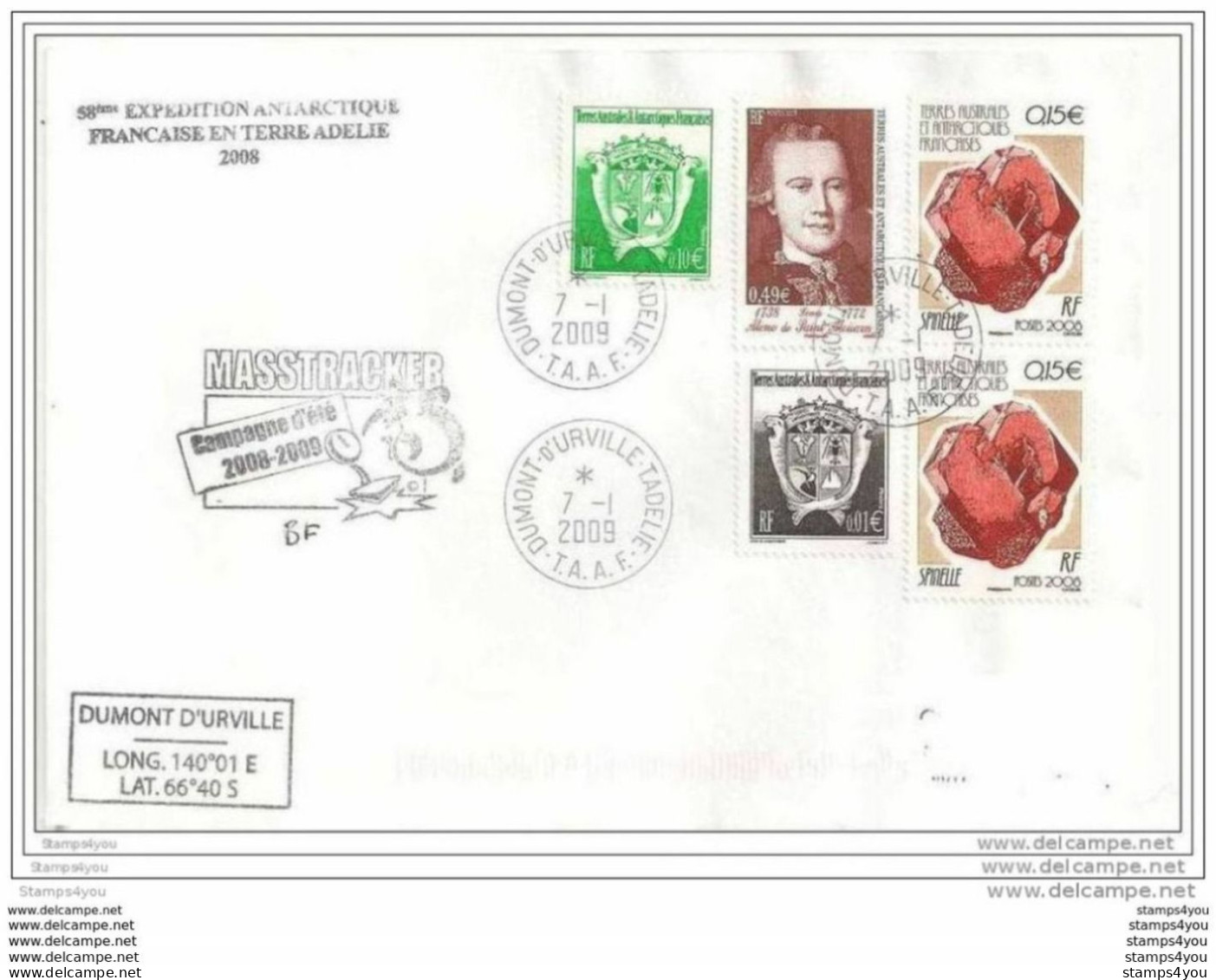 47 - 52 - Pli Base Dumont D'Urville Avec Cachet "Masstracker" 2009 - 2 Timbres Minéraux - Minéraux