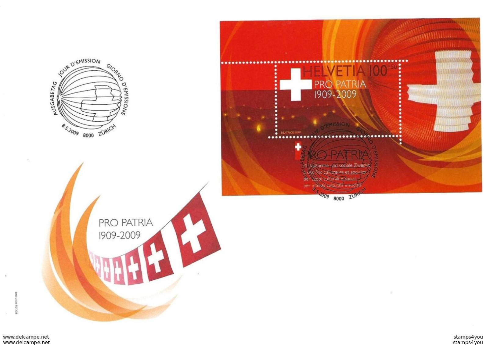 429 - 41 - Enveloppe Avec Bloc "Pro Patria 1909-2009" Oblit Spéciale 1er Jour Zürich - Cartas & Documentos