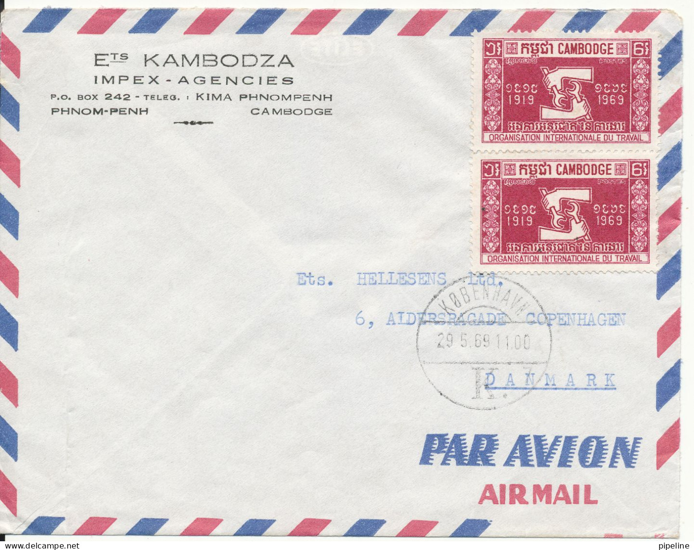 Cambodia Air Mail Cover Sent To Denmark 1969 - Cambodge