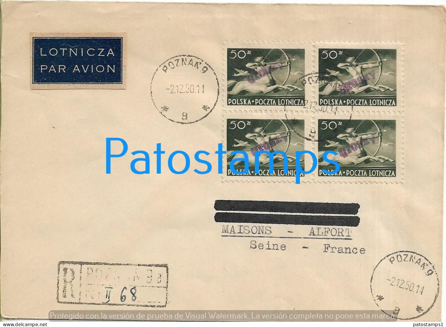 225986 POLAND POLSKA COVER CANCEL YEAR 1950 REGISTERED CIRCULATED TO FRANCE NO POSTAL POSTCARD - Andere & Zonder Classificatie