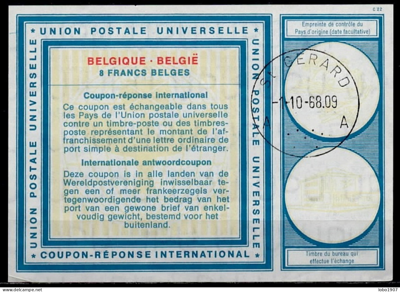 St. GERARD 01.10.68   BELGIQUE BELGIE BELGIUM  Vi19  8 FRANCS BELGES Int. Reply Coupon Reponse Antwortschein IAS IRC - Cupón-respuesta Internacionales