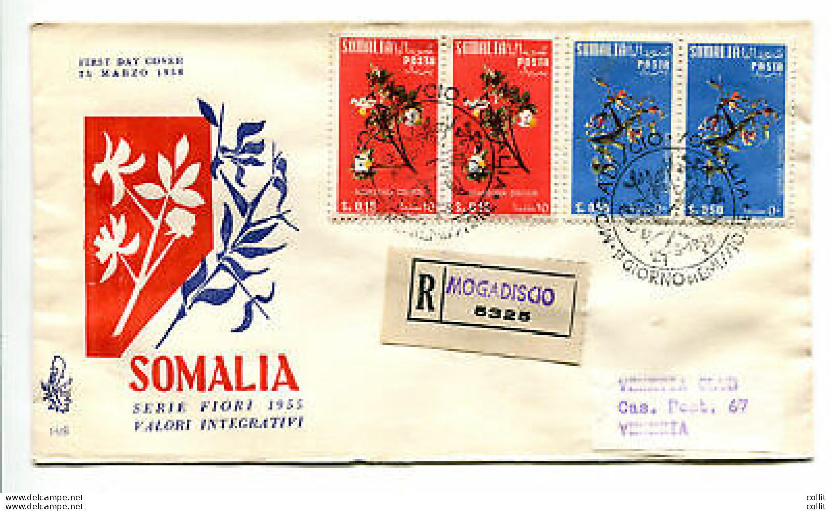 Somalia AFIS FDC Venetia 1958 Fiori Coppia Viaggiata Racc. Per L'Italia - Somalia (AFIS)