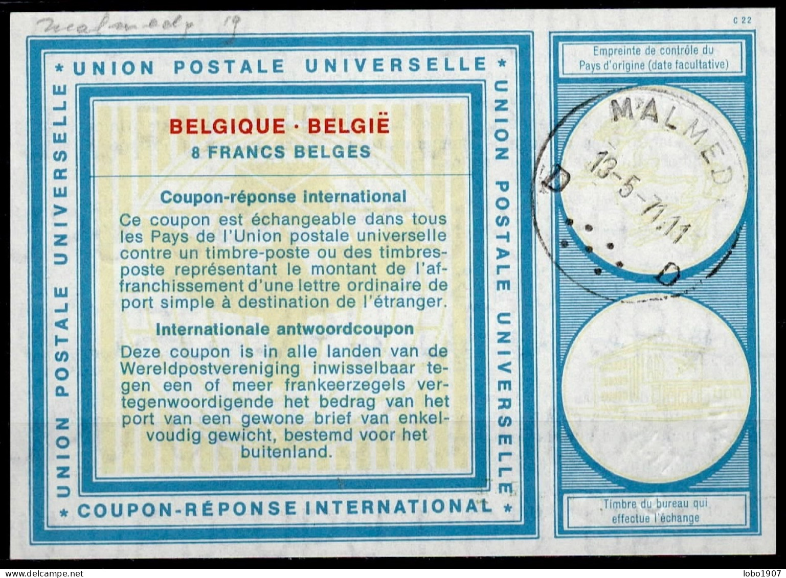 MALMEDY 13.05.71   BELGIQUE BELGIE BELGIUM  Vi19  8 FRANCS BELGES Int. Reply Coupon Reponse Antwortschein IAS IRC - International Reply Coupons