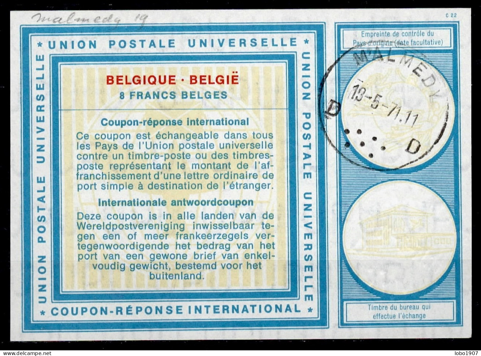 MALMEDY 13.05.71    BELGIQUE BELGIE BELGIUM  Vi19  8 FRANCS BELGES Int. Reply Coupon Reponse Antwortschein IAS IRC - Buoni Risposta Internazionali (Coupon)