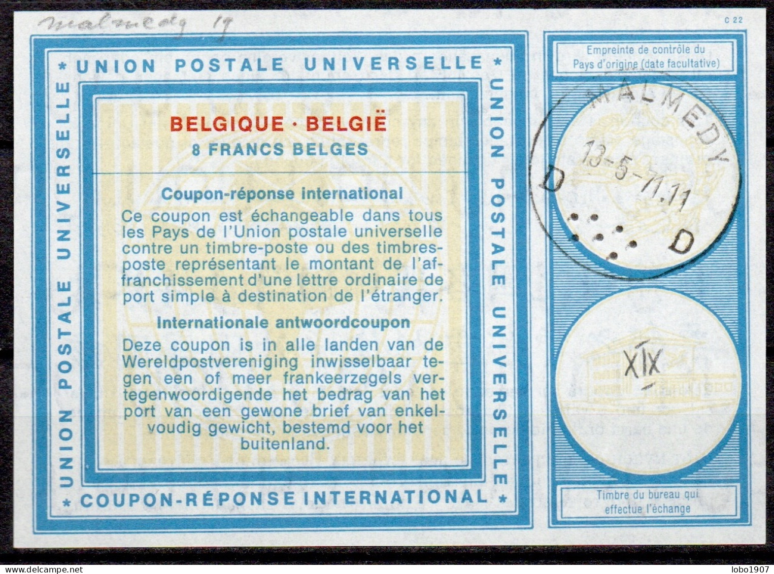 MALMEDY 13.05.71   BELGIQUE BELGIE BELGIUM  Vi19  8 FRANCS BELGES Int. Reply Coupon Reponse Antwortschein IAS IRC - International Reply Coupons