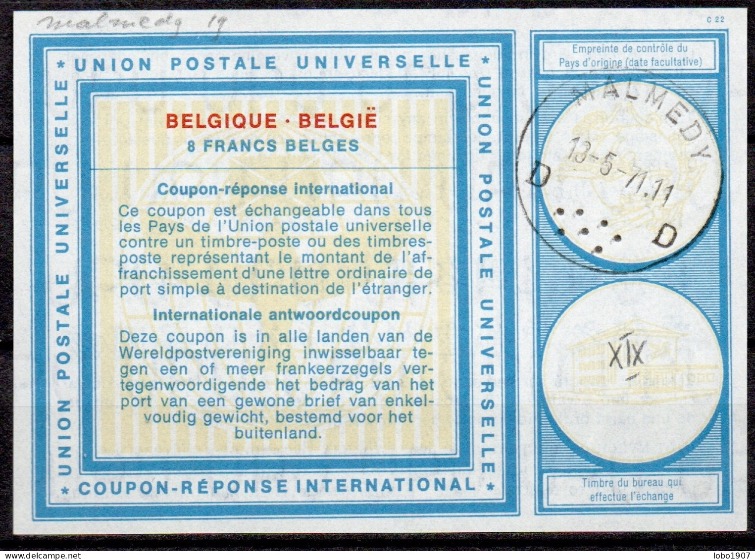 MALMEDY 13.05.71   BELGIQUE BELGIE BELGIUM  Vi19  8 FRANCS BELGES Int. Reply Coupon Reponse Antwortschein IAS IRC - Buoni Risposta Internazionali (Coupon)