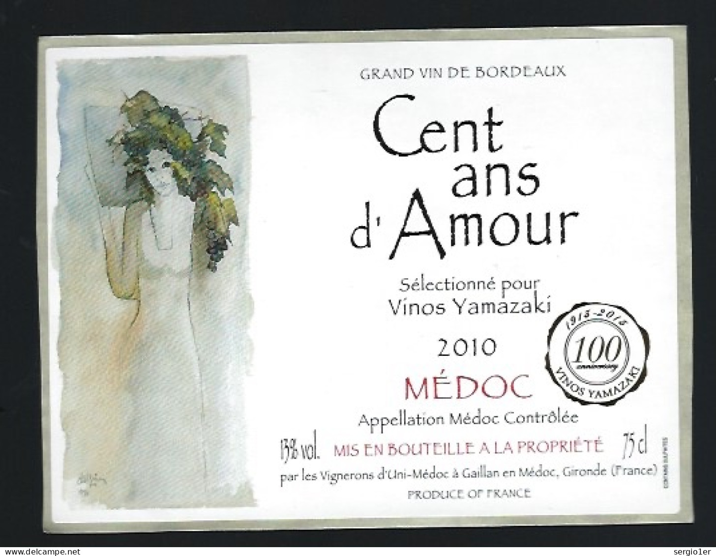 Etiquette Vin  Médoc 2010  Cent Ans D'Amour 1913-2013  Export Pour Vinos Yamazaki Japon  " Femme" - Bordeaux