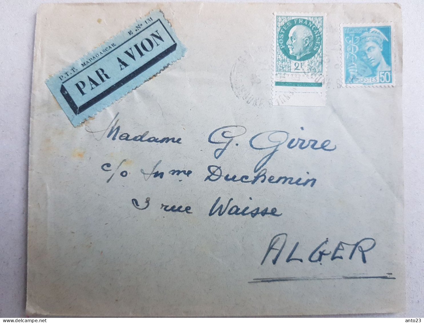 ALGERIE 1942  MERCURE + BERSIER 2F VERT SUR LETTRE PAR AVION PTT MADAGASCAR POUR ALGER - Lettres & Documents