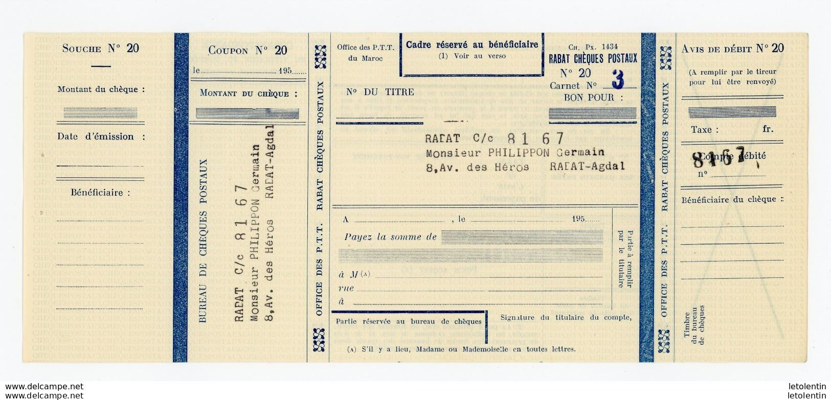 CHEQUE DE L'OFFICE DES PTT DE RABAT (ANNÉE 1951) UTILISÉ SOUS LE PROTECTORAT DE LA RÉPUBLIQUE FRANÇAISE AU MAROC - GOUVE - Cheques & Traveler's Cheques