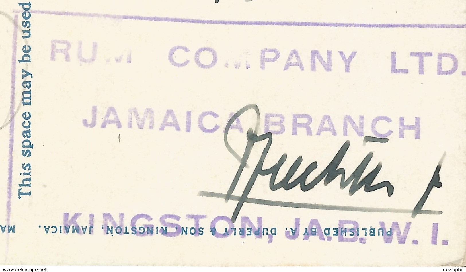 JAMAICA - FRANKED PC FROM KINGSTON TO SWITZERLAND BY THE KINGSTON BRANCH OF RUM COMPANY LIMITED -  1932 - Jamaica (...-1961)