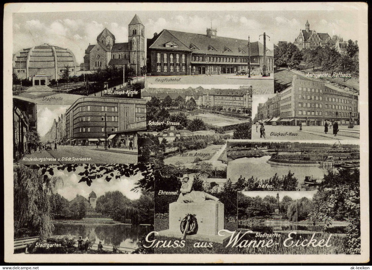 Ansichtskarte Wanne-Eickel-Herne Ehrenmal Straßen Bahnhof Stadthalle 1938 - Herne