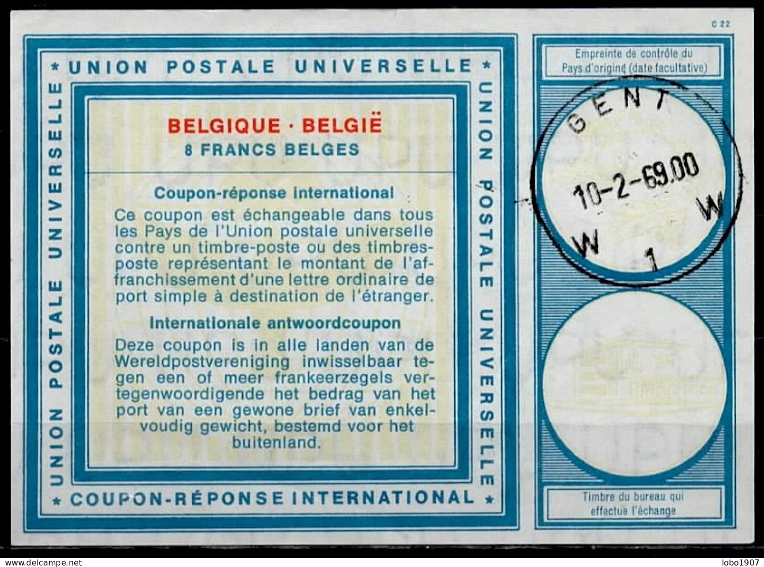 GENT 10.02.69   BELGIQUE BELGIE BELGIUM  Vi19  8 FRANCS BELGES Int. Reply Coupon Reponse Antwortschein IAS IRC - Cupón-respuesta Internacionales