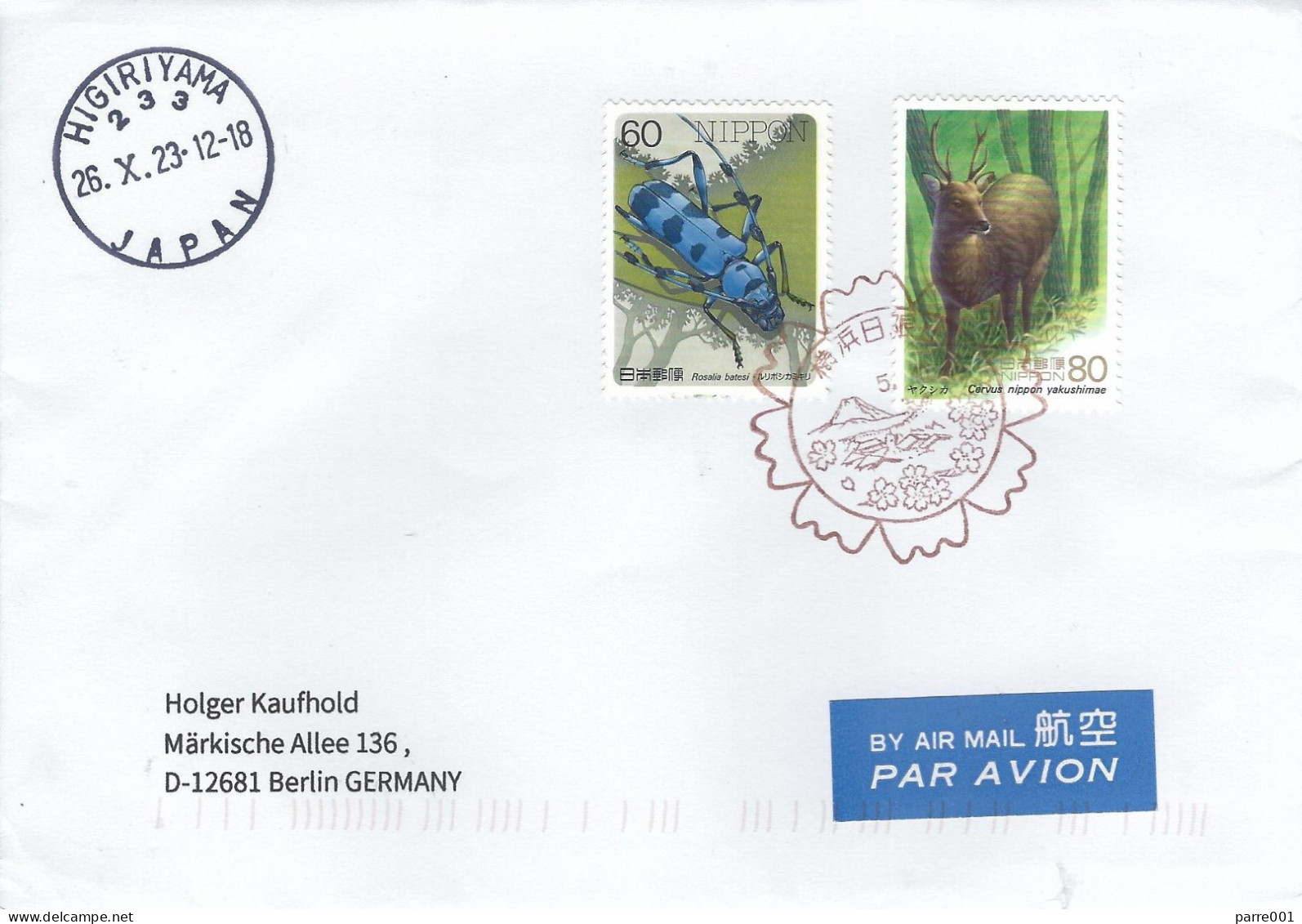 Japan 2023 Higiriyama Endemic Yaku Sika Deer Cervus Nippon Yakushimae Beetle Mountains Postmark Cover - Gibier