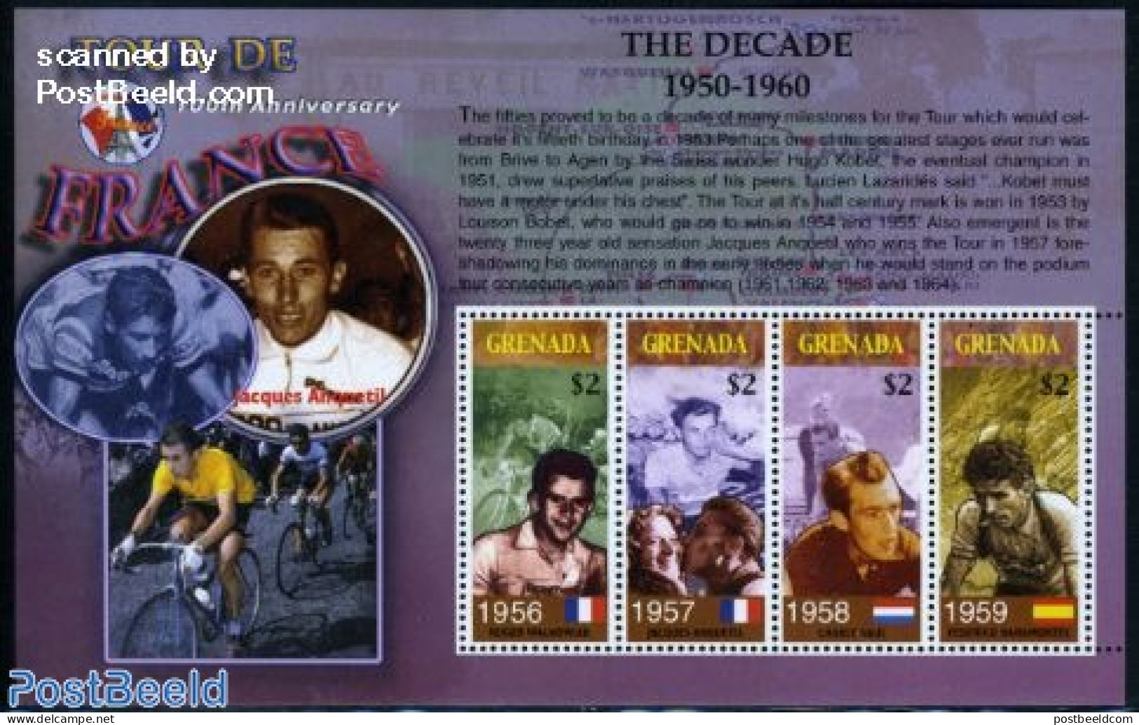 Grenada 2003 Tour De France 4v M/s, Roger Walkowiak, Mint NH, Sport - Cycling - Sport (other And Mixed) - Wielrennen