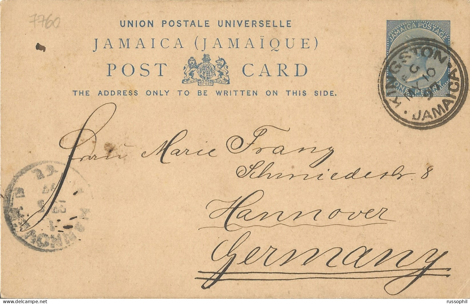 JAMAICA -  ONE PENNY POSTAL STATIONERY PC SENT TO GERMANY FROM KINGSTON - 1897 - Giamaica (...-1961)