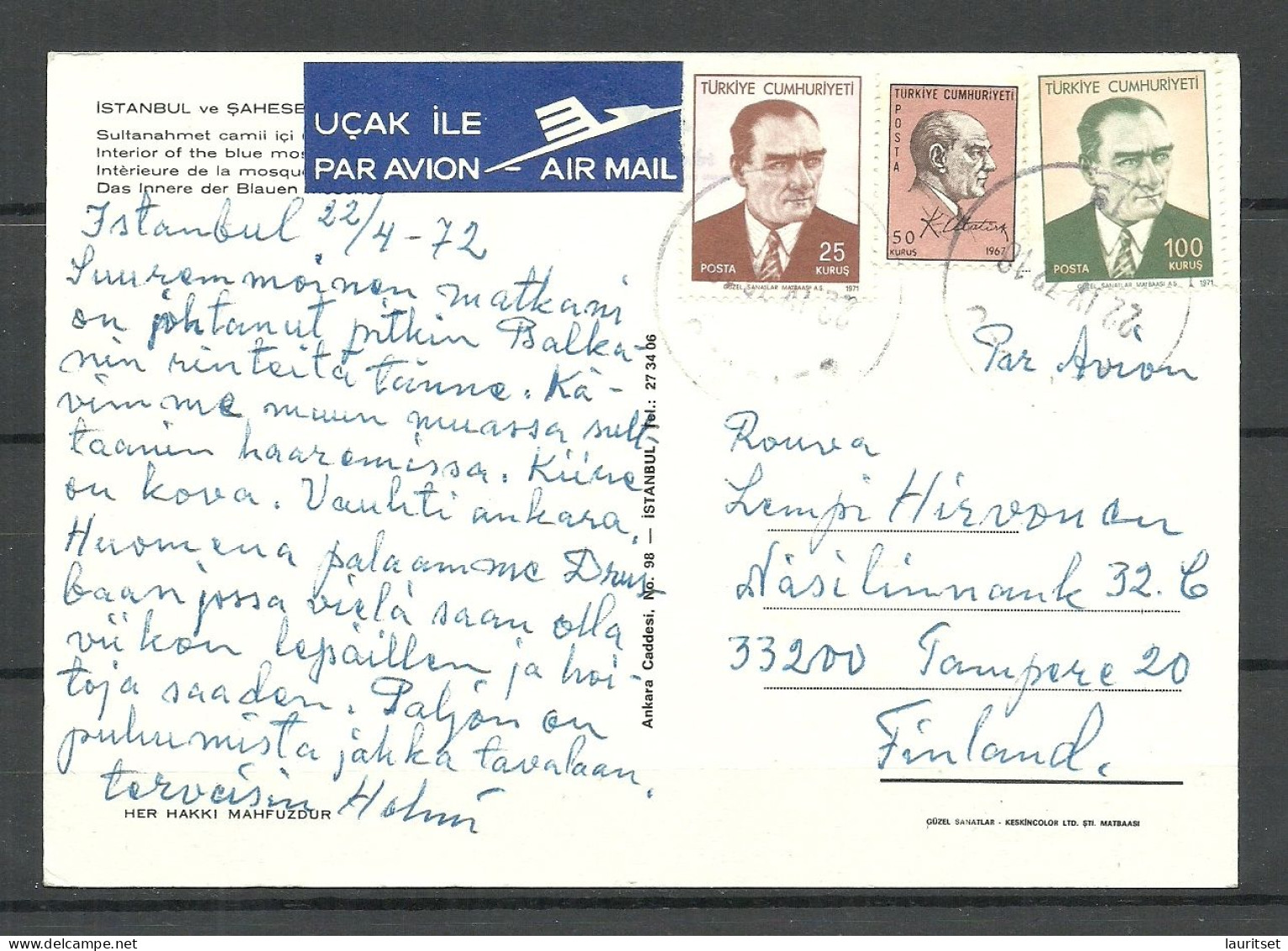 TURKEY Istanbul O 1972 Air Mail Post Card Sent To Finland - Briefe U. Dokumente