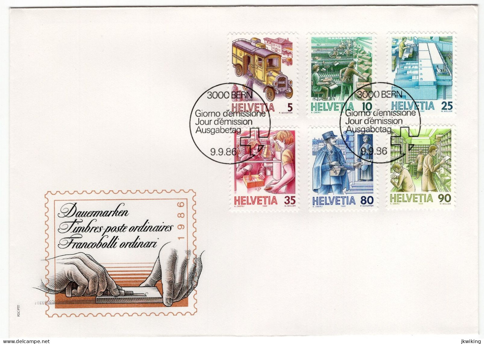 SWITZERLAND, 1986, FDC, MICHEL No 1321-1326 - Mail Car - Mail Sorting - Mail - Post