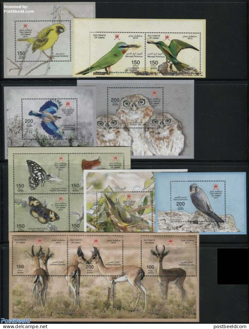 Oman 2014 Animals Of Oman 8 S/s, Mint NH, Nature - Animals (others & Mixed) - Birds - Birds Of Prey - Butterflies - Owls - Omán