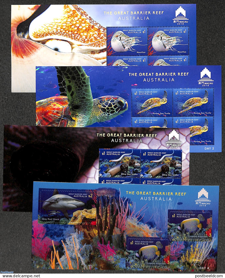 Australia 2018 Macau Stamp Show 4 M/s, Mint NH, Nature - Fish - Turtles - Philately - Nuevos