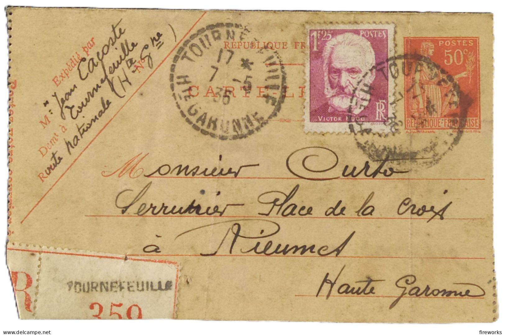 1936 - Carte-Lettre Avec Le 50c Rouge Paix #283 Et 1,25F Victor Hugo #304 - Cartas & Documentos