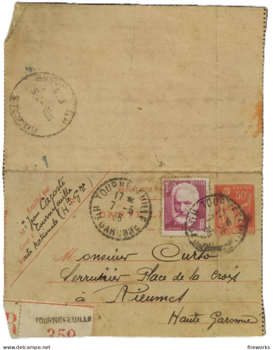 1936 - Carte-Lettre Avec Le 50c Rouge Paix #283 Et 1,25F Victor Hugo #304 - Cartas & Documentos