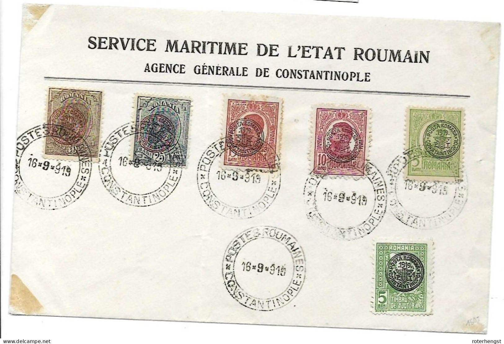 Romanian Agency In Constantinople Envelope With Complete Set 1919 - Levant (Turkey)