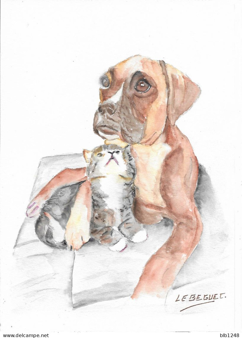 Art & Antiquités > Tableaux > Aquarelle Le Boxer Et Le Petit Chat Aquarelle Originale De Bernard Le Beguec - Acuarelas