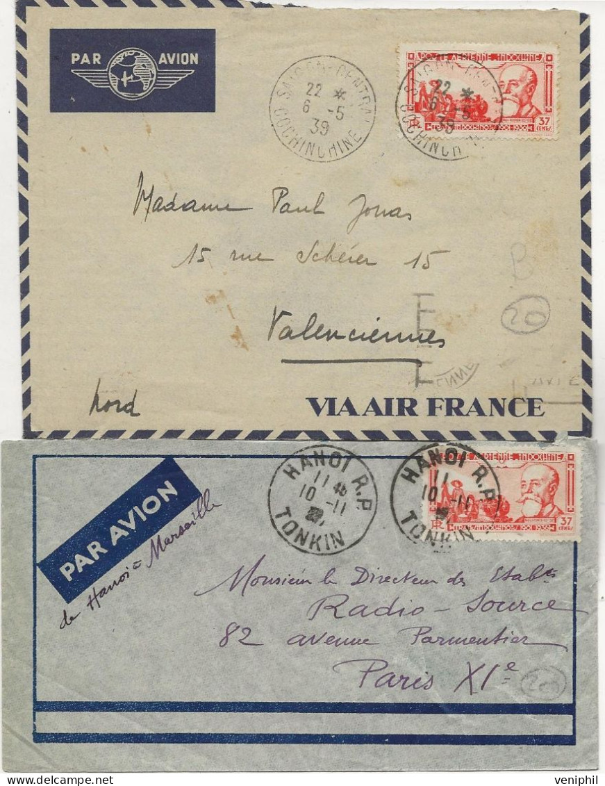 INDOCHINE - LOT DE 2 LETTRES AFFRANCHIES POSTE AERIENNE N° 15- OBLITERATIONS DIVERSES -ANNEE 1939 - Cartas & Documentos